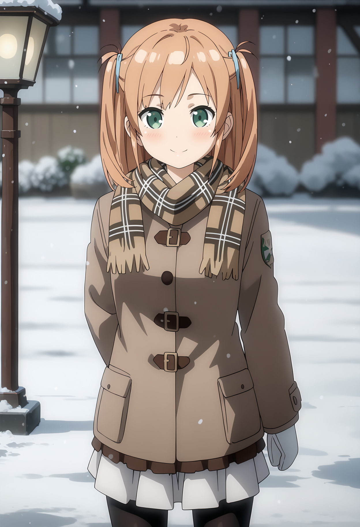 anime screencap,
<lora:OneRoom_NanahashiMinoriXL:0.9>,
1girl, solo, closed mouth, light smile, blush,
two side up, orange hair, green eyes, hairclip,
MinoriWinter, brown coat, plaid scarf, brown scarf, long sleeves, white mittens, pleated skirt, white skirt, black pantyhose,
cowboy shot, standing, looking at viewer,
winter, snow, snowing, street lamp, outdoors, blurry background