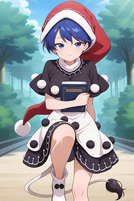 absurdres, highres, masterpiece, best quality, amazing quality, official anime artwork, screencap, anime screencap, outdoors, looking at viewer, light smile, dynamic pose,
 <lora:Doremy-Sweet_Illustrious:1> doremy sweet, 1girl, solo, blue eyes, blue hair, short hair, tapir tail,, black capelet, white dress, nightcap, red hat, pom pom \(clothes\), white footwear, holding book,