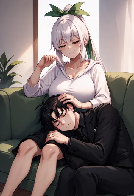 score_9, score_7_up, <lora:LapPillowNonPOV_pdxl_Incrs_v1:0.55>, lap pillow, lying, sitting, sleeping, sofa, hand on another's head,
BREAK <lora:consolegirls_xbox_ponyXL:0.9> xbox-chan, ponytail, hair ribbon, casual, white hoodie, 1girl, smile, large breasts,
BREAK <lora:oc_justtnp_ponyXL:1> justtnp, formal, black jacket, black vest, black necktie, 1boy, black hair, zzz, spoken zzz,