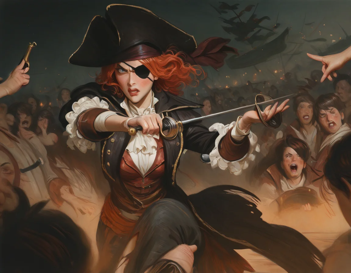 by helleu, 1girl,pirate, pistol, rapier, boarding party, faceless-crowd, battle, action-pose, red-hair, torn-clothes, torn-coat, eyepatch, angry, masterpiece, best quality, newest, absurdres, highres