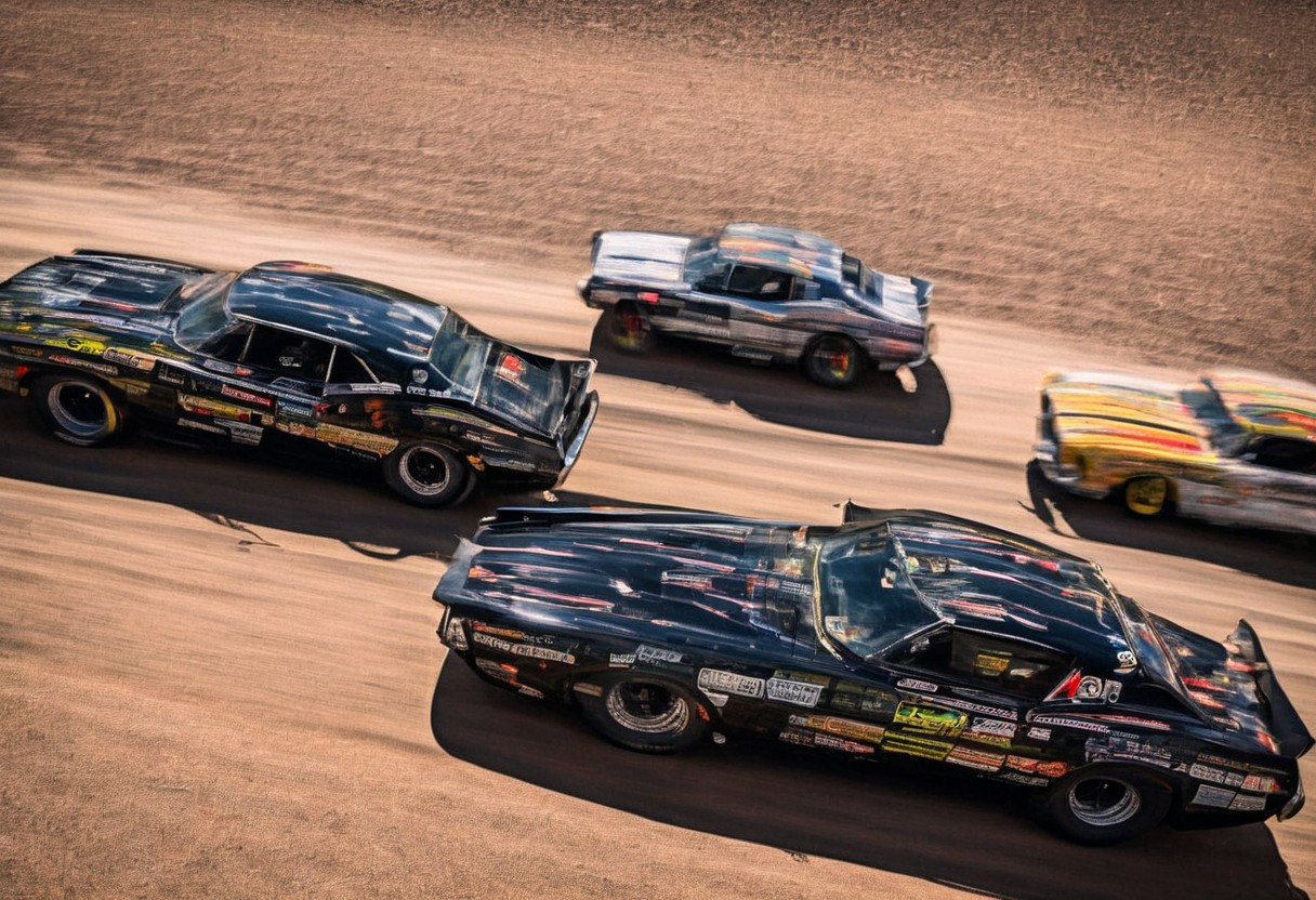 Creates an ultra detailed and realistic image taken by a drone, wide angle, of a race between 2 custom cars, created with parts from many muscle cars, with aerodynamic lines from 1972. The cars have tinted black windows. It is captured in motion with motion blur at full speed through a desert, daylight. Race between 2 cars. The photograph is captured with an Arri Alexa camera, with a zoom lens.
. <lora:Vintage Muscle Car SDXL:1>