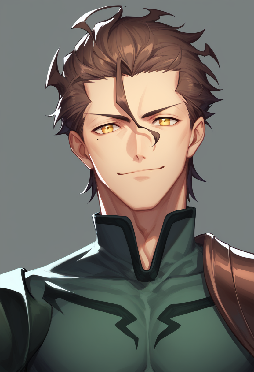 score_9,score_8_up,score_7_up,<lora:fate_zero_all:1>,1boy, character: diarmuid_ua_duibhne_(lancer)_(fate), solo, portrait, grey_background, simple_background, male_focus, smile, closed_mouth, hair_between_eyes, yellow_eyes, mole_under_eye, brown_hair, ahoge, hair_slicked_back, mole, highres, dated, signature, duplicate, pixel-perfect_duplicate