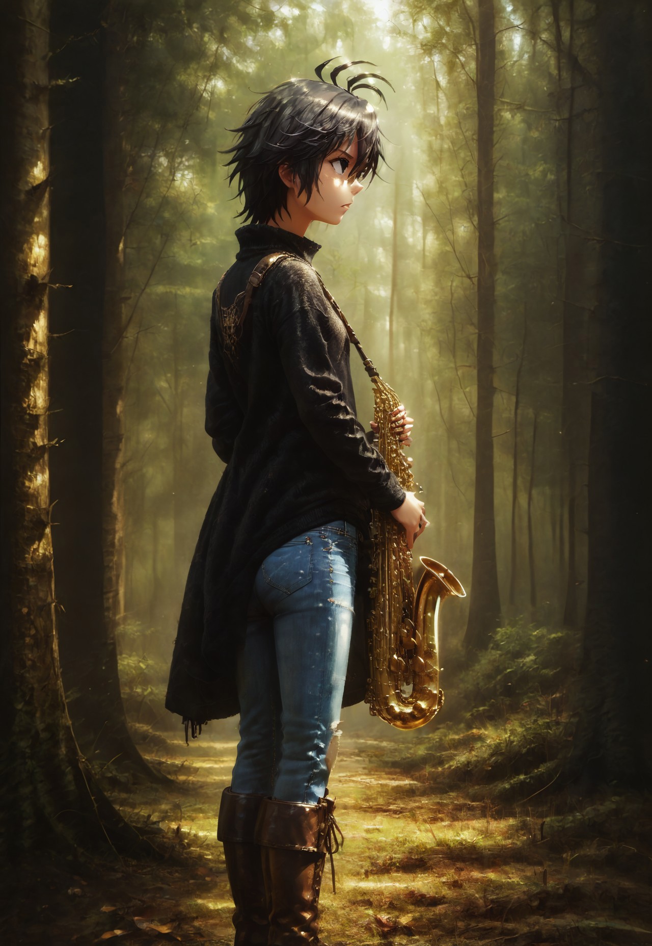 ruanyi0715, tree, dappled sunlight, overgrown, <lora:0715 dark forest_v1_pony:1> score_9, score_8_up, score_7_up, 8k, 1girl, SH_S4X, forest, instrument, solo, solo focused, thoughtful, melancholy, serene, Kikuchi Makoto is standing in jeans in forest listening to bird song looking up saxophone strapped on back, <lora:Sheeps_Saxophone:0.8> <lora:1dkXLP:0.75> 1dk, 
<lora:KikuchiMakoto_pony_v1:0.9> kkcmkt, detailed face, detailed eyes, (Kikuchi Makoto, full shot, full frame, boots:1.4), (short hair, black hair, antenna hair, hair between eyes, black eyes:1.6), flat chest, <lora:loraeyesxl:0.4> <lora:d4rk01lXLP:0.7> d4rk01l,