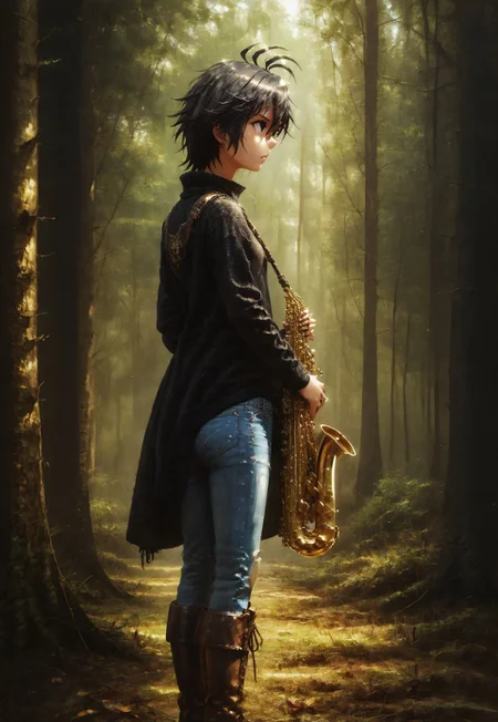 ruanyi0715, tree, dappled sunlight, overgrown, <lora:0715 dark forest_v1_pony:1> score_9, score_8_up, score_7_up, 8k, 1girl, SH_S4X, forest, instrument, solo, solo focused, thoughtful, melancholy, serene, Kikuchi Makoto is standing in jeans in forest listening to bird song looking up saxophone strapped on back, <lora:Sheeps_Saxophone:0.8> <lora:1dkXLP:0.75> 1dk, 
<lora:KikuchiMakoto_pony_v1:0.9> kkcmkt, detailed face, detailed eyes, (Kikuchi Makoto, full shot, full frame, boots:1.4), (short hair, black hair, antenna hair, hair between eyes, black eyes:1.6), flat chest, <lora:loraeyesxl:0.4> <lora:d4rk01lXLP:0.7> d4rk01l,