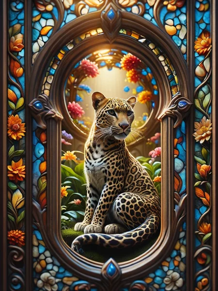 sacred, leopard, In a realm of eternal summer, a radiant garden flourishes, its sun-kissed blossoms blooming in resplendent glory, Shining through stained glass coverd with dvrscls <lora:DonMK3yH0l3XL:1> DonMK3yH0l3XL <lora:dvrscls:1>