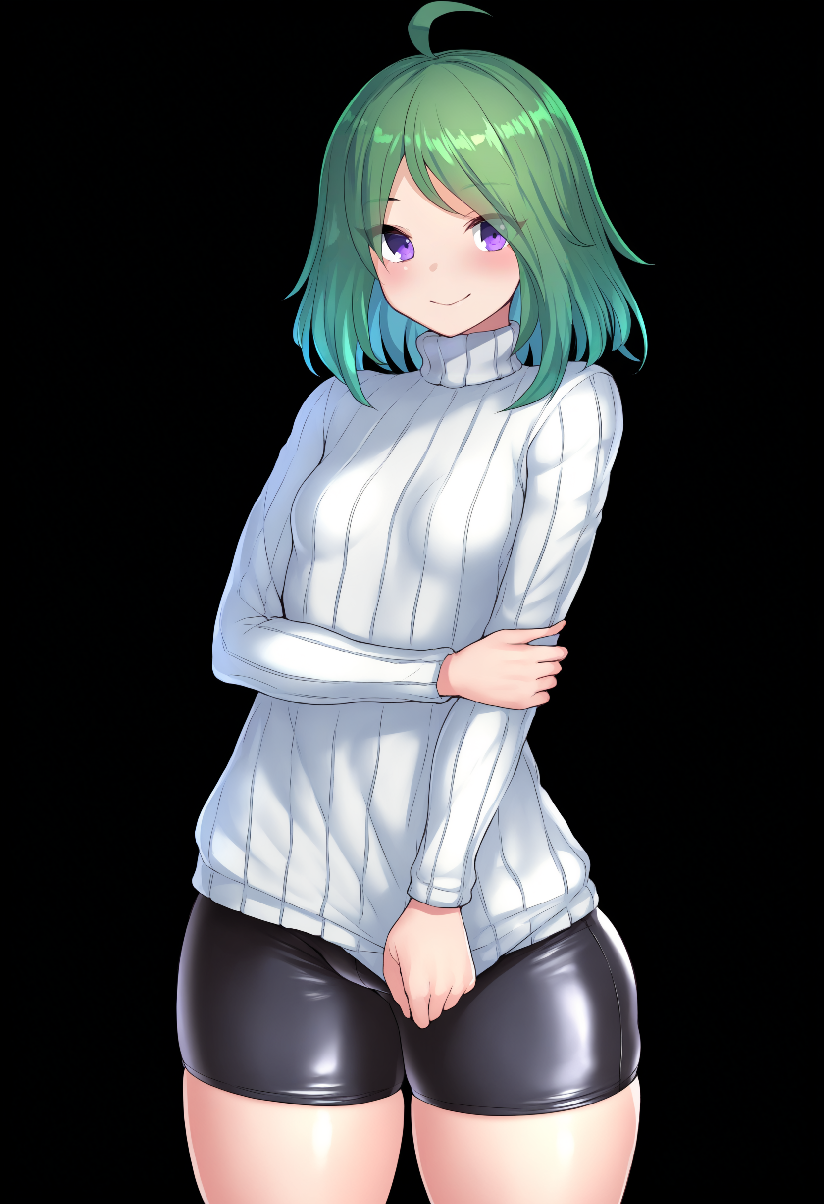masterpiece, best quality, 1girl,
solo, small breasts, wide hips, thick thighs, shorts, curvy, shiny clothes, turtleneck sweater, green hair, cowboy shot, turtleneck, blush, purple eyes, medium hair, ribbed sweater, smile, white sweater, closed mouth, thighs, breasts, open mouth, bike shorts, black background, arm under breasts, eyes visible through hair, looking at viewer, standing, hand on own arm, ahoge, long sleeves   <lora:Bosshi:1>