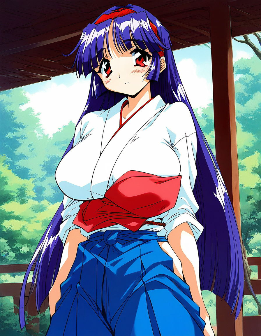 score_9, score_8_up, score_7_up, source_anime, rating_explicit, BREAK <lora:Shiraishi_Yumiko_Ver2.0_XL:1> ShiraishiYumiko, long hair, red eyes, red hairband, purple hair, large breasts, blunt bangs,
red bibbed , kyuudou, red muneate, 1girl, solo, japanese clothes, skirt, hakama, blue hair, hakama skirt, blush, outdoors, looking at viewer, blue hakama