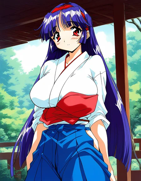score_9, score_8_up, score_7_up, source_anime, rating_explicit, BREAK <lora:Shiraishi_Yumiko_Ver2.0_XL:1> ShiraishiYumiko, long hair, red eyes, red hairband, purple hair, large breasts, blunt bangs,
red bibbed , kyuudou, red muneate, 1girl, solo, japanese clothes, skirt, hakama, blue hair, hakama skirt, blush, outdoors, looking at viewer, blue hakama