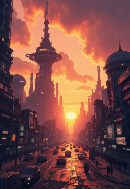 in the style of cksc, masterpiece, streetview of futuristic sc-fi city, towers, domes and skyscapers, sunset, rule of thirds, perfect lighting, sunset, HD32K, wallpaper, hyperdetailed