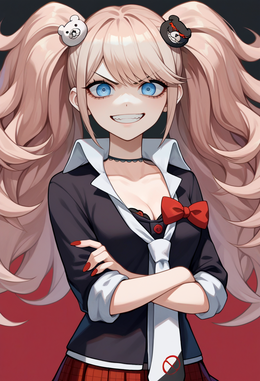 score_9, score_8_up, score_7_up, source_anime, solo, 1girl, enoshima junko, grin, looking at viewer, standing, crossed arms, twintails, bear hair ornament, v-shaped eyebrows, school uniform, black shirt, white necktie, red bow, sleeves rolled up, red skirt, choker, collarbone, cleavage <lora:danganronpathh_enoshima_ponyXL:1>