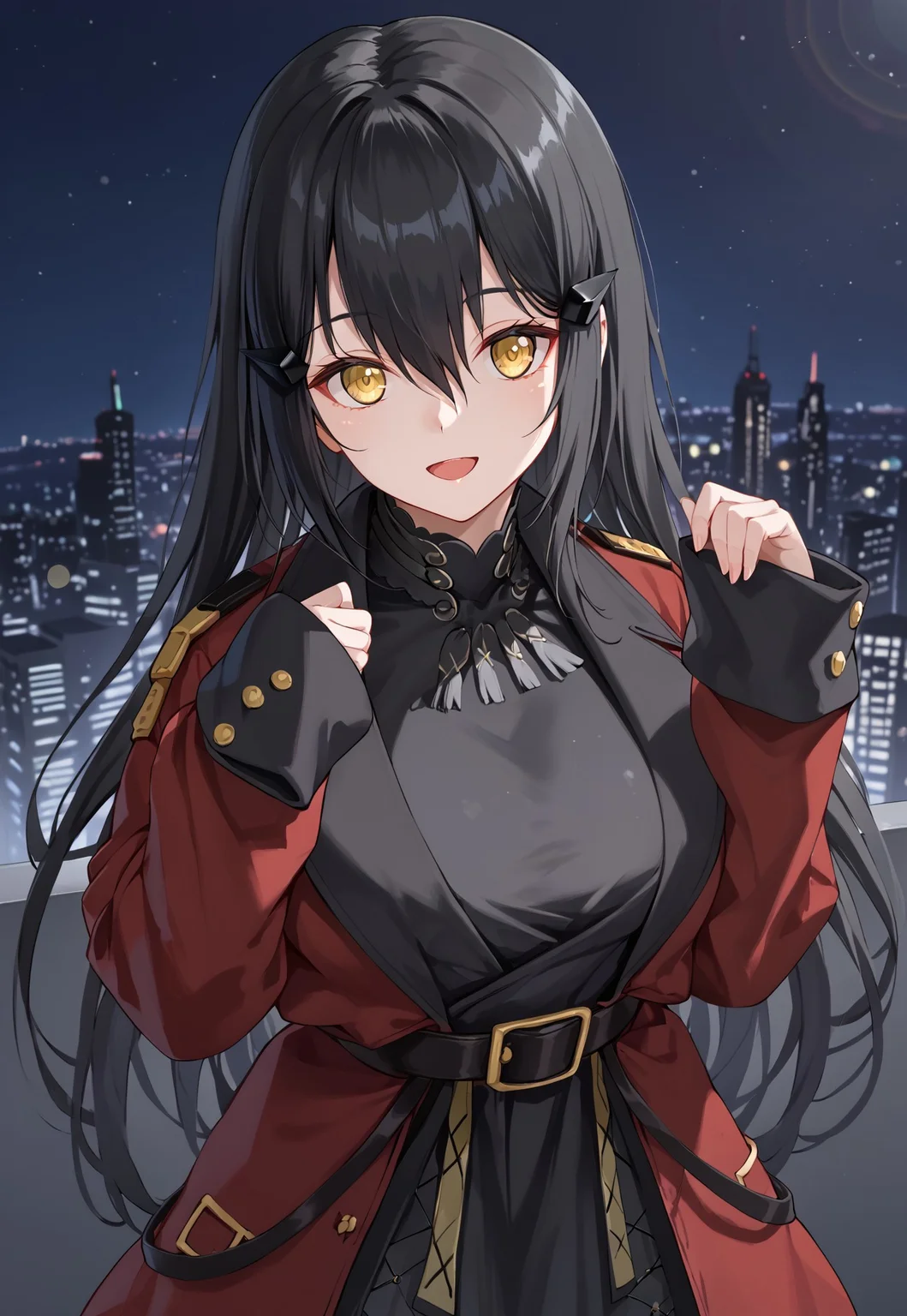 DandelionSKK, long hair, black hair, yellow eyes, griffin & kryuger military uniform, hair ornament, red coat, black belt, bangs, hair between eyes, sleeves past wrists, black dress, large breasts, long sleeves, hairclip, open coat,
looking at viewer, smile, open mouth, hands up, head tilt,
indoor, cityscape, neon lights, dark, night, night sky,
1girl, solo, solo focus, highres, absurdres, light particles, backlighting, shade, lens flare, shiny skin, fine fabric emphasis,