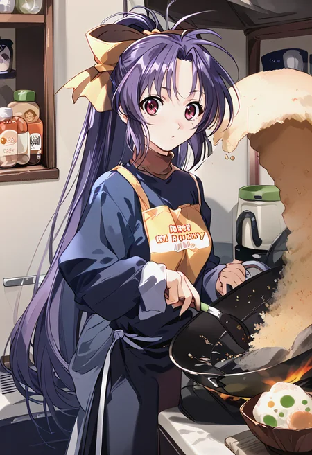 <lora:trumkuu_Pv11-000030:1>, ntrkuu, 1girl, hair bow, long hair, ponytail, purple hair, shirt, solo, turtleneck, very long hair, <lora:FriedRicePrankMeme_XLPD:1> incrsfriedriceprankmeme, food, fried egg, frying pan, holding, kitchen, apron, high quality,, BREAK score_9, score_8_up, score_7_up, score_6_up, source_anime, best quality,