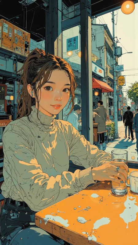 pingtu style, realistic comic-style illustration of a young woman with brown hair tied in a casual ponytail, sitting happy at a café window. Sunlight filters through the glass, casting soft reflections on the wooden table as she absentmindedly watches people passing by. She wears a simple, fitted turtleneck sweater, sleeves pushed up slightly, a silver ring glinting on her finger. Outside,blurred figures move along the sidewalk, the hum of the city captured in subtle background details. Her expression is calm, lost in quiet thoughts, a happy smile playing on her lips. Bold comic-style linework, rich textures, expressive cross-hatching, warm, natural color palette, blending realism with graphic novel aesthetics <lora:Anime_v1.3:0.9> <lora:illustration:0.8> <lora:Blue_Future:1.0>