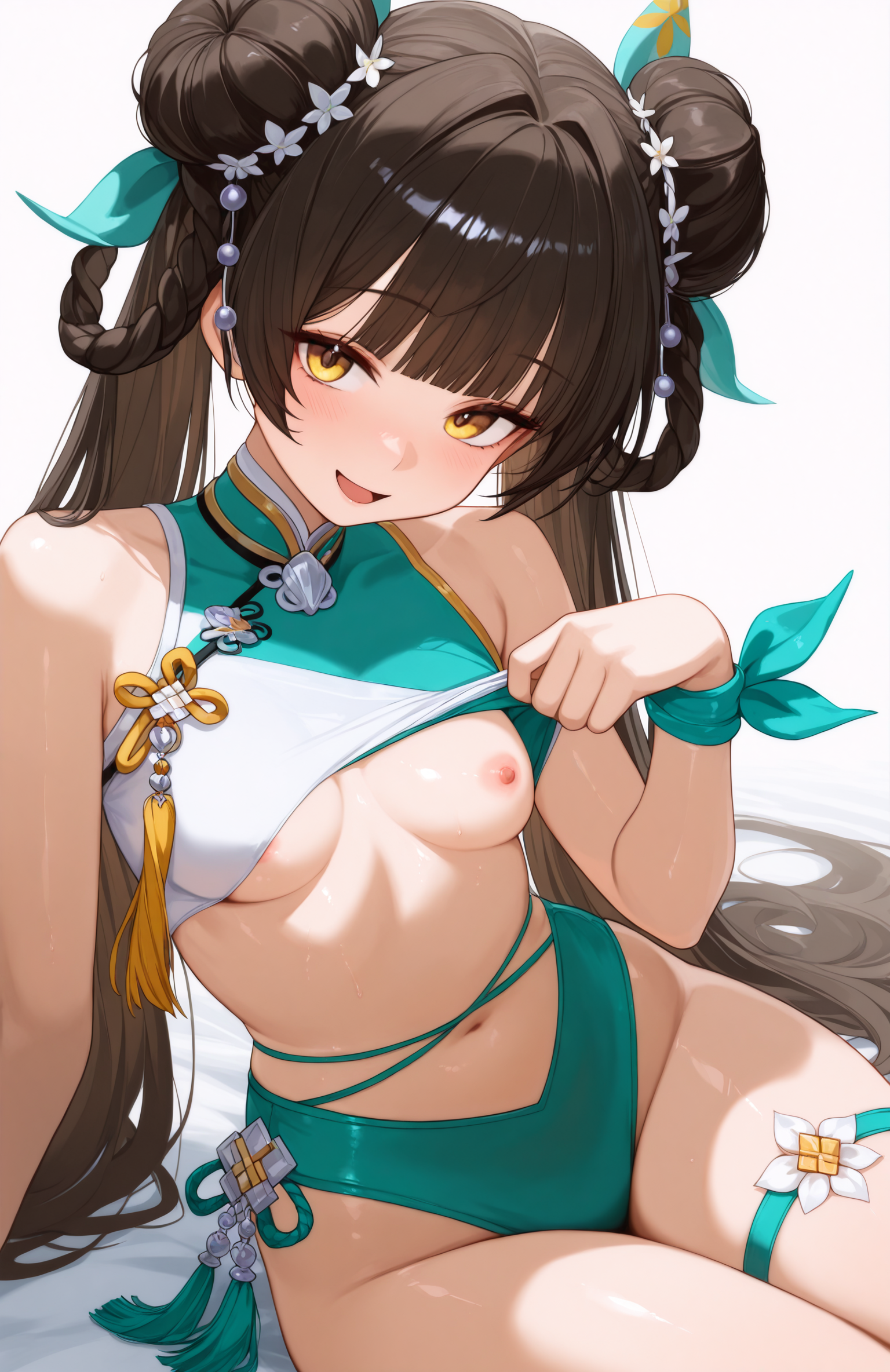 masterpiece, best quality, 1girl, Ldn, black hair, yellow eyes, double bun, low twintails, braided hair rings, cross-laced bikini, multicolored bikini, charm (object), aqua bikini, white bikini,  hair ornament, wrist ribbon, tassel, hair ribbon, pendant choker, thigh strap, underboob, bare shoulders, hair beads, sitting, nipple slip, crop top lift, smile, open mouth,    <lora:Summer toast 5:1>