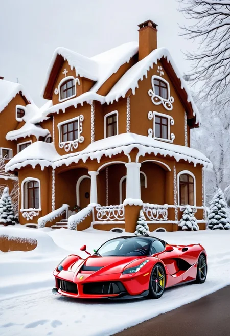 Ferrari laferrari,winter ,in front of house.Christmas<lora:GingerbreadStyle_epoch_10:0.7>