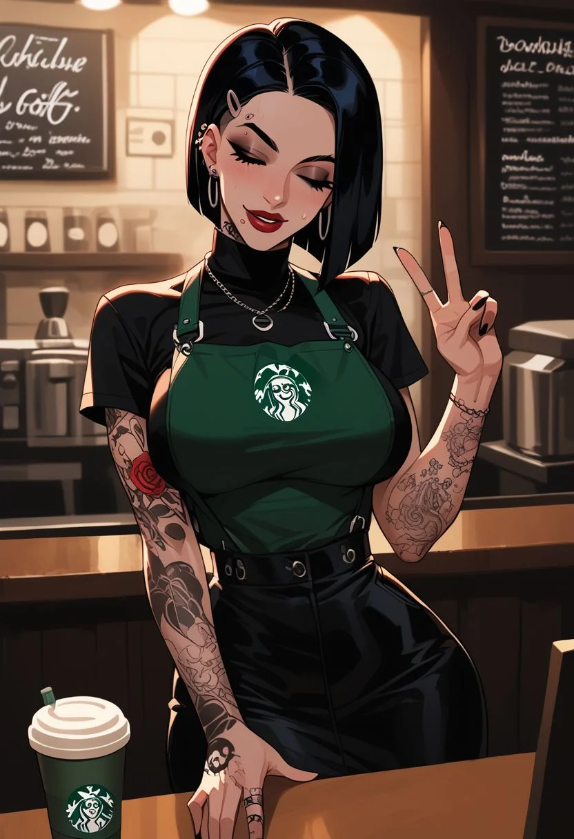 score_9, score_8_up, score_7_up, score_6_up, cute goth girl, antique coffee shop, black outfit, red lipstick, sweat, tattoos, looking at viewer, peace sign, wink, large natural breasts, anime, hips, flat tummy, cinematic angle, cinematic lighting, solo focus