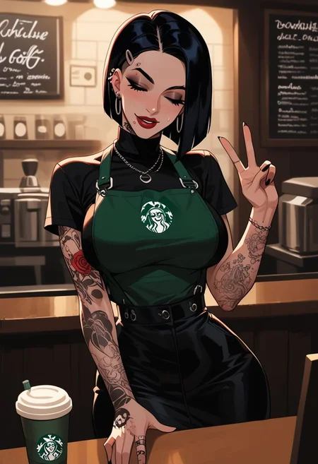 score_9, score_8_up, score_7_up, score_6_up, cute goth girl, antique coffee shop, black outfit, red lipstick, sweat, tattoos, looking at viewer, peace sign, wink, large natural breasts, anime, hips, flat tummy, cinematic angle, cinematic lighting, solo focus