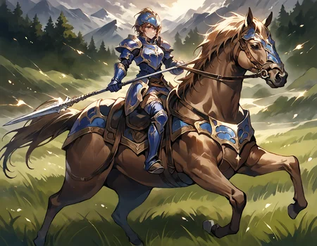 score_9,score_8_up,score_7_up,best quality,masterpiece,super detailed,extreme detailed,full_body,zPDXL BREAK (nature:1.1),(field:1.1),
<lora:Pony_DetailV2.0:1> BREAK 1girl,Cavalier,knight,armor,cape,gloves,helmet,horse,horseback riding,<lora:Cavalier:0.8>,holding spear,charging forward,fighting stance,