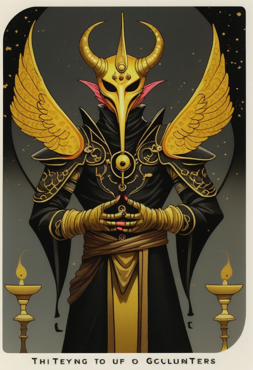 dark grey background, art déco, occultist, antiquarian, ((male tiefling)), byzanthine man in black and yellow robes, (ornate censer), ((man wearing golden ibis mask)), (((man wearing turban))), ((upwards shoulder pads)), golden horns, golden wings