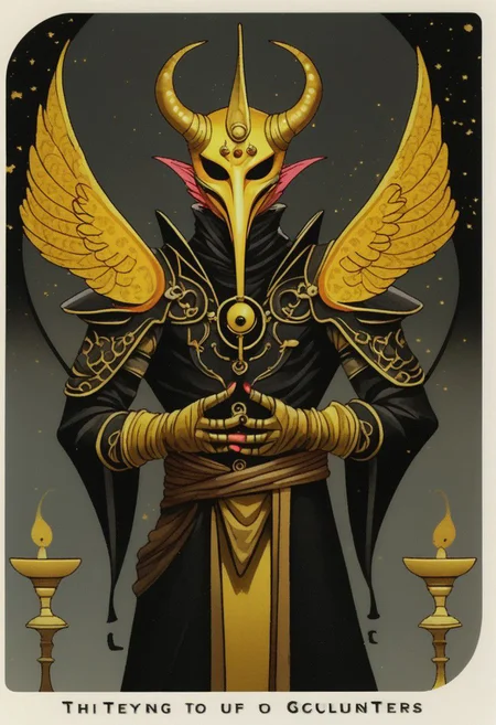 dark grey background, art déco, occultist, antiquarian, ((male tiefling)), byzanthine man in black and yellow robes, (ornate censer), ((man wearing golden ibis mask)), (((man wearing turban))), ((upwards shoulder pads)), golden horns, golden wings