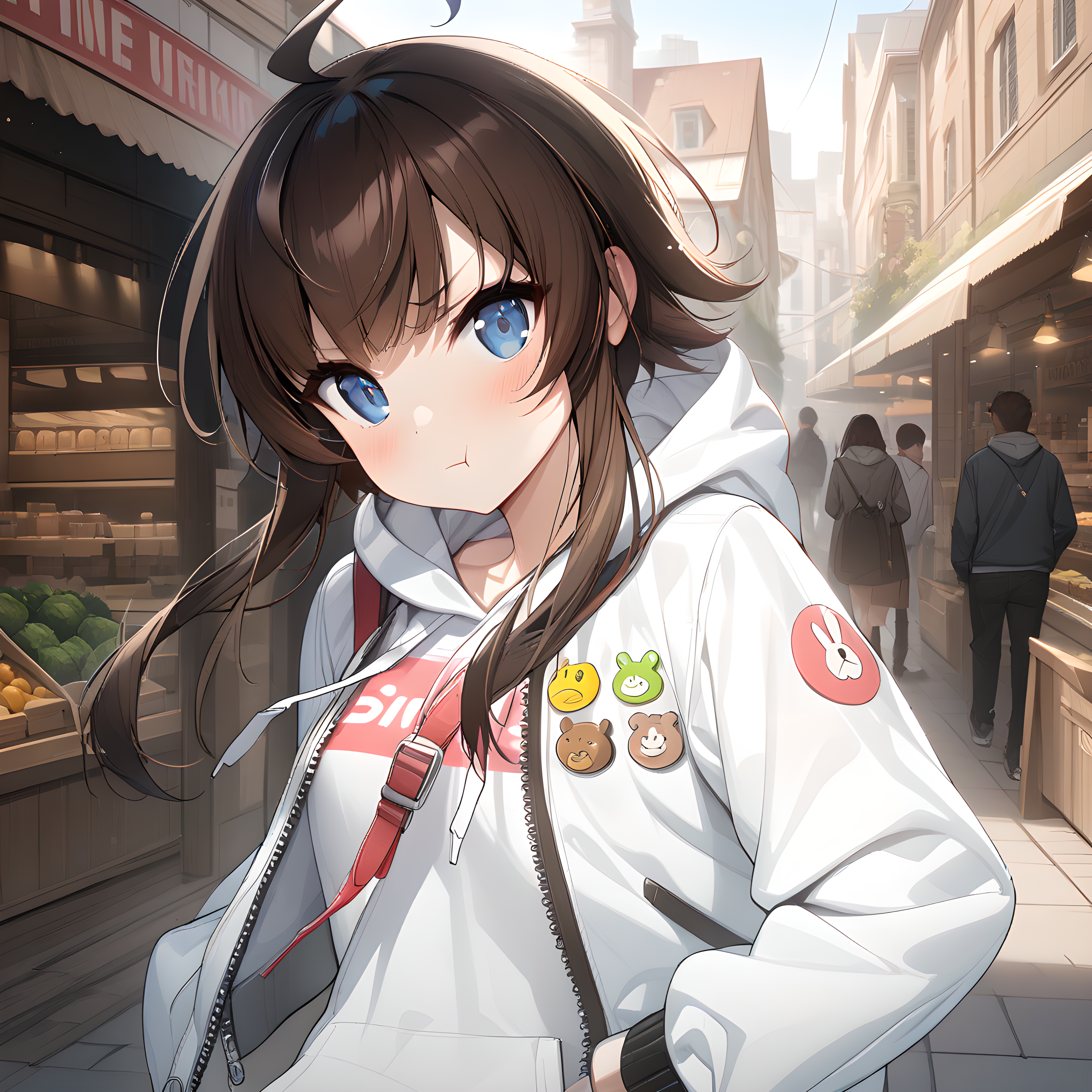 (masterpiece),(best quality),(ultra-detailed),(best illustration),(best shadow),(absurdres),(detailed background),(very aesthetic), yang harim, hood, solo, 1girl, hood down, blue eyes, ahoge, brown hair, white jacket, sleeves past wrists, jacket, white hoodie, long sleeves, market background, defaultoutfit, pout, looking at viewer, close-up, portrait, hands on waist, proud, hands inside jacket pocket, <lora:Yang_Harim:1>