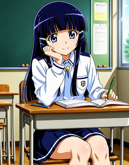 <lora:dmd2_sdxl_4step:1>,official style,masterpiece,best quality,newest,very aesthetic,highly detailed,high resolution,absurdres,highres,depth of field,super detailed skin,very awa,Anime,anime coloring,anime screencap,<lora:cure_beauty_V2:1>,abstract_background,aoki reika,smile,classroom,school_desk,chair,pencil,book,open_book,sitting,