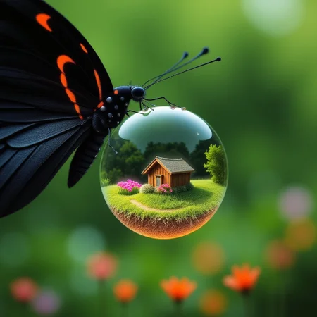 An ethereal close-up of a water droplet resting on a black butterfly wing with orange markings, surrounded by additional droplets. Inside the main droplet, there’s a highly detailed reflection of a small wooden cabin, colorful pink flowers, green grass, and a background of trees, creating a miniature world effect. The scene within the droplet is bright and vibrant, contrasting with the soft green background outside of it. The butterfly wing has a textured appearance, adding depth to the image in the style of AETHR