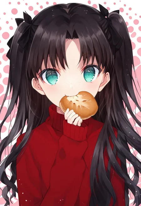score_9, score_8_up, score_8, score_7_up, 
1girl, solo, ChopioTohsakaRin, black hair, long hair, two side up, parted bangs, hair ribbon, aqua eyes, looking at viewer, outfit_2, red sweater, turtleneck, cross, long sleeves, black skirt, pleated skirt, black thighhighs, polka dots background, smile, eating, bread, loaf, eating, close shot, cute girl, looking at viewer,
cute, kawaii, hearts,