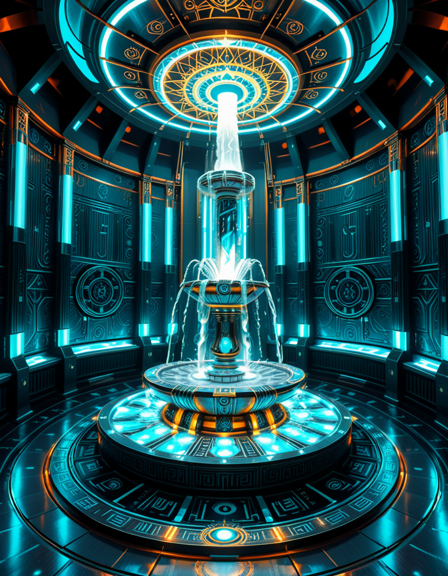 The center of a high-tech, alien temple-laboratory, where dark metallic walls shimmer under the glow of cyan vertical light tubes and faint sacred runes. In the middle of the chamber lies an elaborate biomechanical fountain, rising like an altar from a circular platform of engraved metal. The fountain pulses with iridescent liquid light, flowing in gravity-defying streams that spiral upward before cascading back into a glowing basin etched with ritual patterns. Bioluminescent veins run through the structure, illuminating the surrounding floor like circuitry. Overhead, a radiant, halo-like design casts a celestial glow, enhancing the surreal, sanctified atmosphere. The space exudes a fusion of sacred ceremony and alien technology, as if the fountain were a source of divine power worshipped by another world.
<lora:high-tech_alien_temple_f0unt41n:1>,high-tech alien temple f0unt41n,<lora:SDXLFaeTastic2400:0.4> <lora:extremely_detailed:0.4> extremely detailed, Masterpiece,best quality,hi res,8k,hi res,8k,award winning,(sharp focus, intricate, highly detailed),