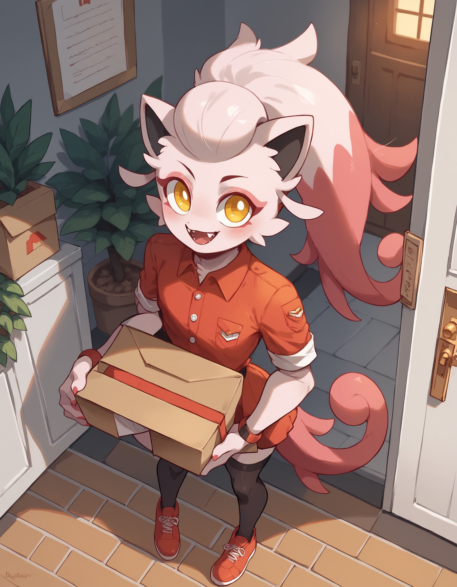 score_9, score_8_up, score_7_up, ScrmTl, pokemon \(creature\), (solo), 1girl, femboy, girly, anthro, long hair, fangs, looking at viewer, postman, smile, holding package, at doorstep, box, delivery man, <lora:cefaa866-a58e-40ba-a219-79ab392f7d60:1.0>, <lora:ef99e7e1-47ed-4045-8c11-901074e07bc0:0.9>