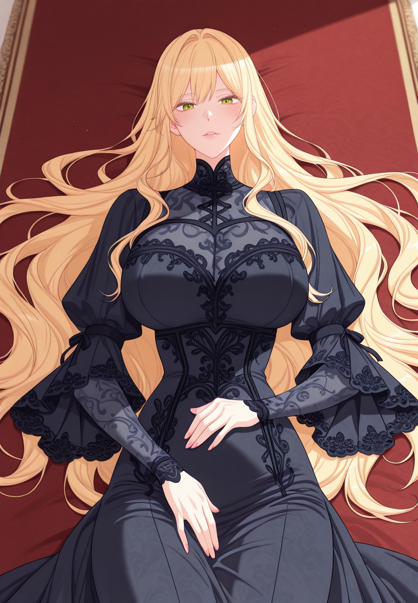 zPDXL3, score_9_up, score_8_up, score_7_up, ,Masterpiece,(perfect female body:1.2), small waist, (incredibly detailed:1.4), beautiful fingers, (large breasts:1.4) looking at viewer, huge breasts,  <lora:Aria_Roscente_-_The_Villainess_Reverses_the_Hourglass-Kaleid_Illustrious:1>aria roscente, 1girl, green eyes, blonde hair, long hair, bangs, dress, black dress, long dress, on back