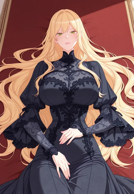 zPDXL3, score_9_up, score_8_up, score_7_up, ,Masterpiece,(perfect female body:1.2), small waist, (incredibly detailed:1.4), beautiful fingers, (large breasts:1.4) looking at viewer, huge breasts, <lora:Aria_Roscente_-_The_Villainess_Reverses_the_Hourglass-Kaleid_Illustrious:1>aria roscente, 1girl, green eyes, blonde hair, long hair, bangs, dress, black dress, long dress, on back