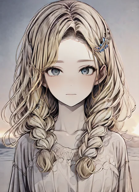 ((best quality)), ((highly detailed)), absurdres, detailed face, beautiful face, (detailed eyes, deep eyes), <lora:more_details:.6>, (1girl), top view, looking up, cowboy shot, ((wide shot)), princess, ((very long hair)), <lora:big_hair-1.0:1>, big hair, curly hair, blonde hair, large dress, (maxi dress), tiara, (outdoors, at a volcano, dusk, sunny), <lora:shouhui:.9>, shouhui, monochrome