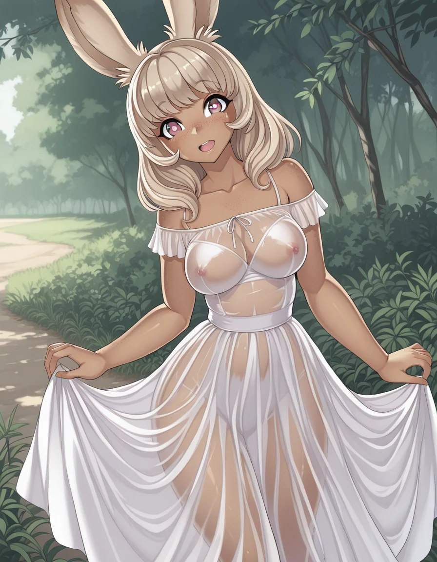 <lora:Dairiseki_Hakaba_illustrious:1>dhstyle
cute viera, summer dress, see-through, heart shaped pupils, freckles, excited, outdoors