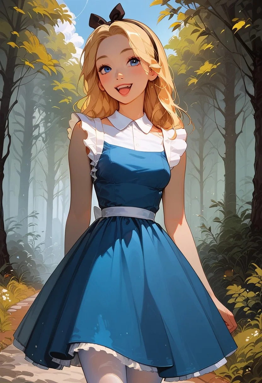 score_9, score_8_up, score_7_up, score_6_up, score_5_up, score_4_up,
AliceWaifu, 1girl, solo girl, beautifull perfect face.
blue eyes, shoulder length blonde hair, 
(slim slender hourglass body figure) (slim young body figure) (medium breast)
Victorian blue dress, white pinafore, white pantyhose, apron, black hairband, black shoes.
happy, walking in a sunny forest,
(portrait picture)