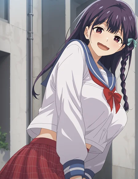 score_9, score_8_up, score_7_up, source_anime,1girl,solo, Kanna_h,side single braid,long hair, hair ribbon, purplish eyes,purple hair,,large breasts,,
serafuku,blue sailor collar, white shirt, red neckerchief,,plaid skirt
<lora:Kanna_h_v1:0.8>smile,open mouth,,wavy mouth,,outdoors