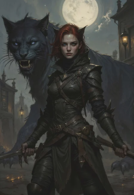 A lithe figure with short, dark crimson hair and golden feline eyes stands poised, their androgynous features sharp and calculating. Their skin is a deep bronze, marked with faint scars and tattoos that shift like smoke. Clad in a form-fitting, obsidian-black armor lined with crimson threads, they wield twin curved daggers. Behind them, a massive panther-like shadow beast materializes, its form semi-ethereal, with glowing violet eyes and claws that drip darkness. The background is a moonlit cityscape, fog curling through alleyways, enhancing the stealthy, lethal atmosphere. The composition is dynamic, with the assassin and their spectral companion positioned for a strike, blending mystery and menace.