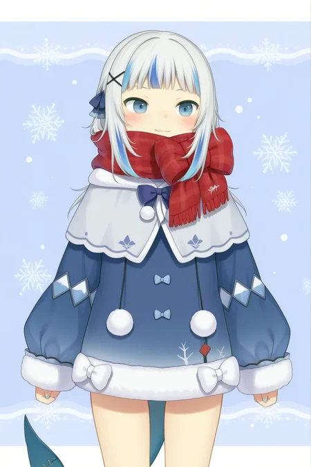 Gawr Gura, Winter_Outfit  <lora:Gawr_Gura-Winter_Outfit-Illustrious:0.8>