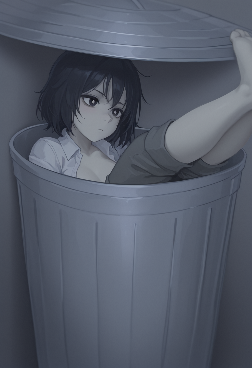 (masterpiece, high quality, amazing detail), highres, 1girl, in trash can, solo, short hair, open clothes, barefoot, collared shirt, pants, black eyes, colored skin, bright pupils, legs up, <lora:In_trash_can:1>