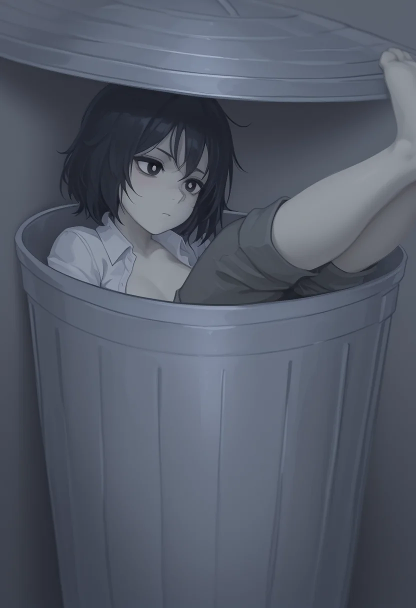 (masterpiece, high quality, amazing detail), highres, 1girl, in trash can, solo, short hair, open clothes, barefoot, collared shirt, pants, black eyes, colored skin, bright pupils, legs up, <lora:In_trash_can:1>