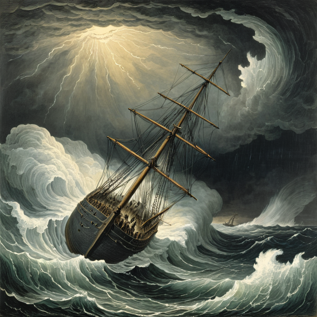 (woodcut illustration:1.2) in detailed gustavedore style, , crisp even lines, high contrast, Tenebrism,
"Moby-Dick" by Herman Melville: A dramatic ocean scene with the whaling ship Pequod battling a fierce storm. In the foreground, Captain Ahab stands defiantly, gazing out at the tumultuous sea, obsessed with the pursuit of the great white whale, Moby Dick.
by gustave dore <lora:GustaveDore_StyleXLv6.1:0.5>  <lora:xl_more_art-full_v1:0.25> <lora:add-detail-xl:0.45>