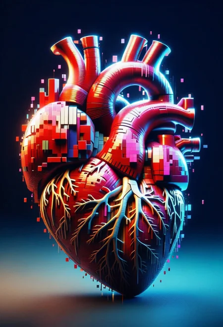 a voxel human heart covered in number codes, falling apart, glitch, enhanced background, creative, beautiful, vibrant, masterpiece, 8k, Ultra HD, amazing details, amazing quality, amazing artist, sharp edges, detailed textures, full view, atmospheric lighting, amazing visuals