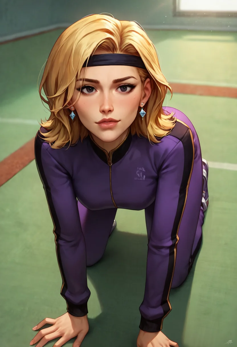 score_9, score_8_up, score_7_up, score_6_up, score_5_up, score_4_up, , solo, extreme detail, Masterpiece, Best Quality, beautiful, high res image, rating_explicit,
<lora:coach_greer:0.7> blonde hair, headband, coach_gre3r, medium hair, purple tracksuit, slim, wide hips, mature woman, black eyes, lipstick, earrings
1girl, focus on ass, on all fours, , carpet, ((dynamic angle)), sexy pose,, <lora:hand 4:0.5> hand person,
<lora:feet v3:0.5> feet style,
<lora:Eyes_High_Definition:0.25> eyeshd, score_9, score_8_up, score_7_up, intricate details, rating_safe, fantasy setting,
depth of field, detailed background,
<lora:ral-chrosc-clr:0.5>, ral-chrosc-clr,
<lora:Expressive_H:0.5>, expessiveH,
<lora:xl_more_art-full_v1:0.3>,
<lora:add-detail-xl:0.3>