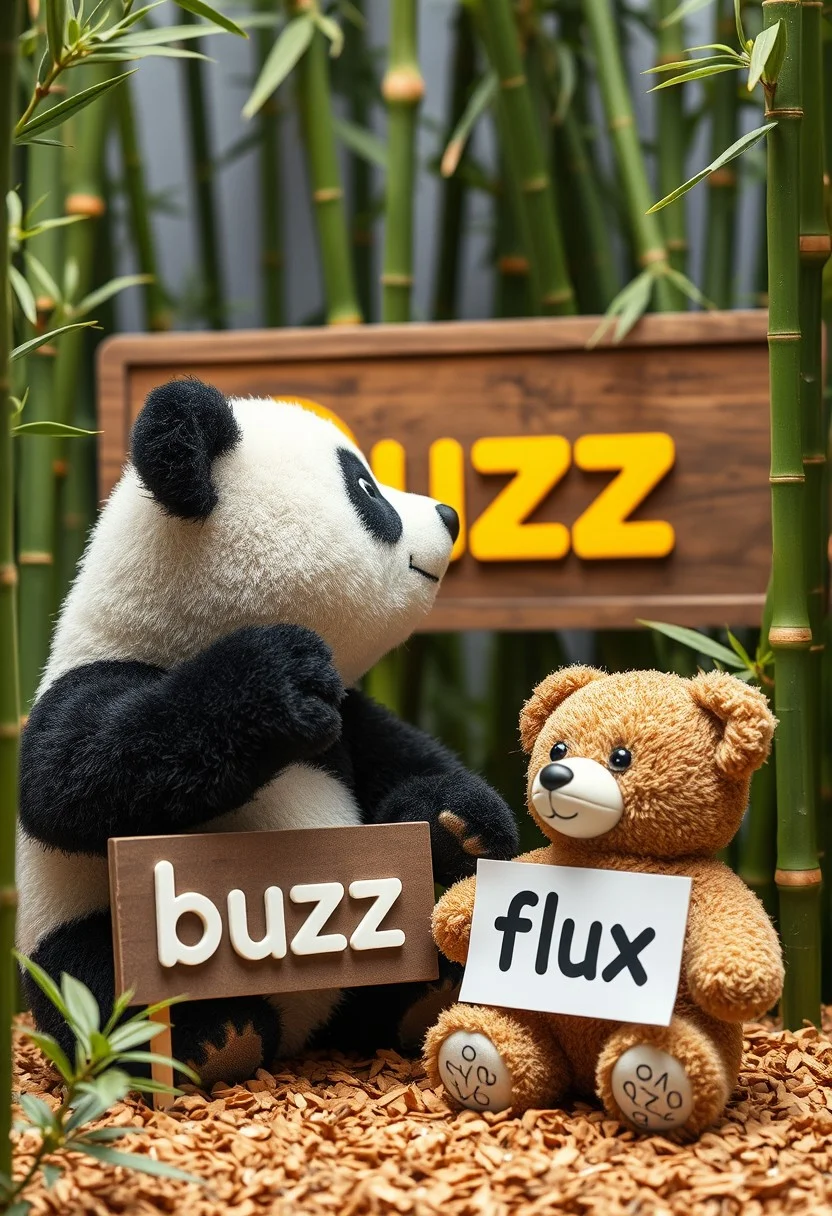 A pcture of a giant panda looking at the board word in a big bold font "buzz", and other teddy bear looks at the word in a big bold font "flux", in a toy land filled with bamboos and it says "Buzz" and "Flux" as the paper is written in the CIVITAI logo