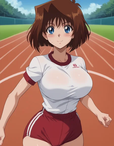 <lora:Anzu_MazakiPonyXL:0.7>, score_9, score_8_up, score_7_up, score_6_up, source_anime, anime screencap, BREAK, uncensored, brown hair, short hair, blue eyes, athletic sexy body, slim waist, huge breasts, anzumazakispe, blush, smile, curvy, running, cowboy shot, track, sweatdrop, outdoors, gym uniform, white shirt, short sleeves, red buruma,<lora:Anime_Screencap:1>, <lora:PerfectEyesXL:1>, <lora:thicc_v1.4-pony:1>, upper body