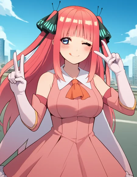 score_9, score_8_up, score_7_up, source_anime, <lora:nnakano-s2-ponyxl-lora-nochekaiser:1>, long hair, bangs, blue eyes, hair ornament, hair ribbon, pink hair, blunt bangs, two side up, butterfly hair ornament, mature female, large breasts,, <lora:prisma-illya-cosplay-ponyxl-lora-nochekaiser:1>, prismaillyacosplay, prisma illya \(cosplay\), dress, elbow gloves, feather hair ornament, feathers, frilled dress, frills, gloves, hair ornament, layered gloves, magical girl, orange ascot, pink dress, pink feathers, pink gloves, pink sleeves, white gloves,, cityscape, street, smile, blush, v, v over eye, one eye closed, tongue out,, cowboy shot, dutch angle, solo,
