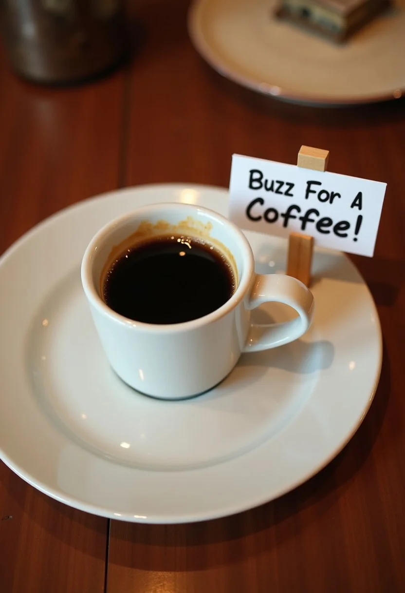 A single coffee on a dinner plate on a table, with a sign next to it saying text ''Buzz For A Coffee!'' cinematic shot,