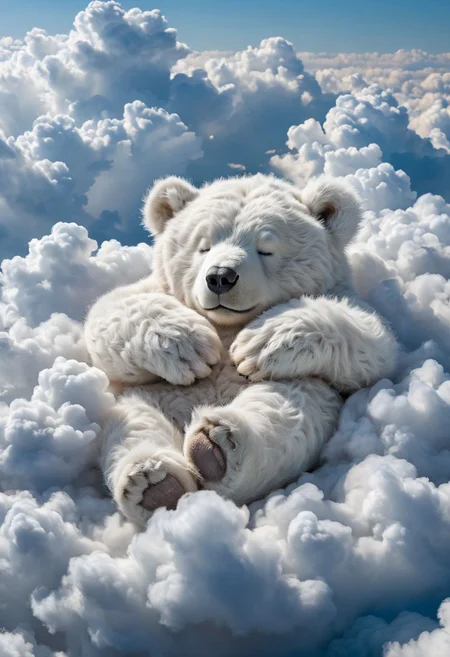 raw photo of A detailed fluffy white cloud sleeping bear made of cloud. OverallDetail