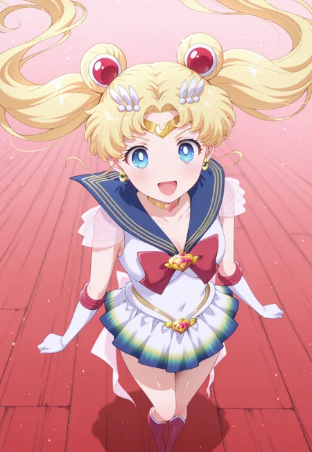 soft_skin,shiny_skin,masterpiece,extremely detailed,best quality,amazing quality,newest,absurdres,highres, 1 girl , supersailormoon, twintails, circlet, earrings, sailor_collar,sailor senshi uniform,,heartchoker, red_bowtie,white_back_bow ,elbow_gloves,  multicolored_miniskirt, :d, arms_at_sides, close to viewers, full_body, dynamic_angle