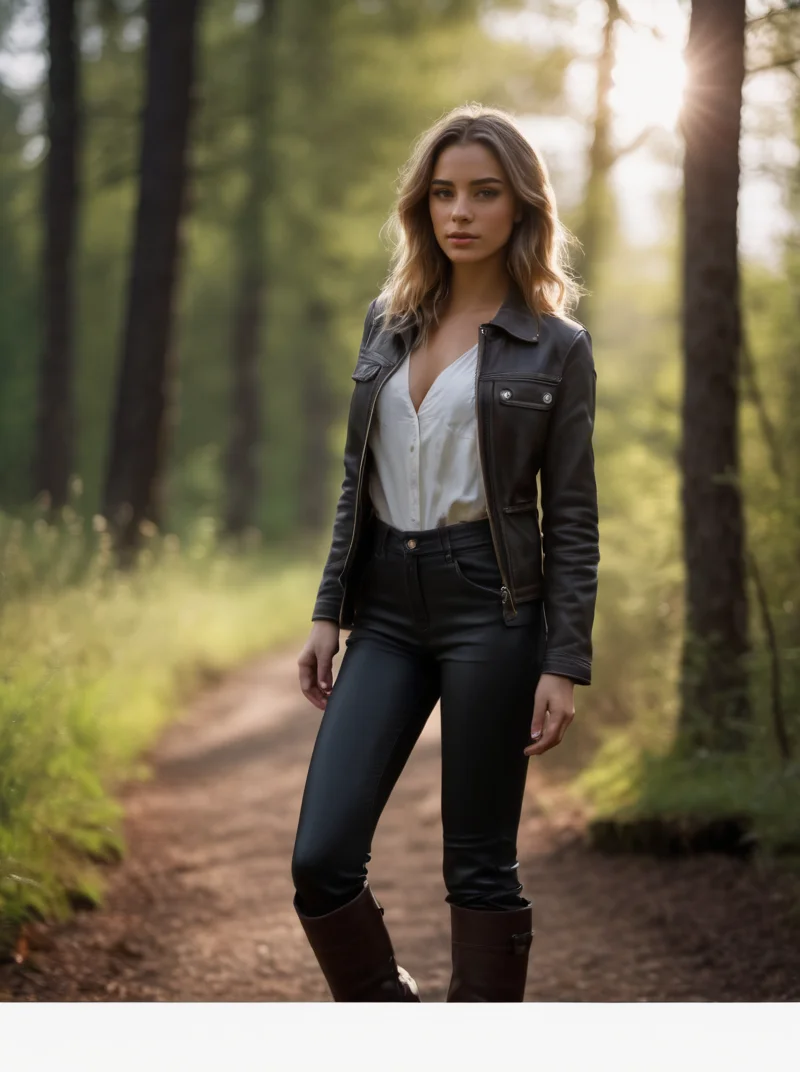 A portrait photograph of Amanda_Larsson_P_MXAI_SDXL walking through the woods, wearing a leather duster, wearing leather pants, wearing a white shirt, wearing black boots, walking towards the camera, golden hour, god rays, (((Ultra-HD-details, Ultra-HD-detailed, Ultra-HD-realistic, Ultra-HD-photo-same-realistic-quality-details))), SK_CINEMATIC, ziprealism